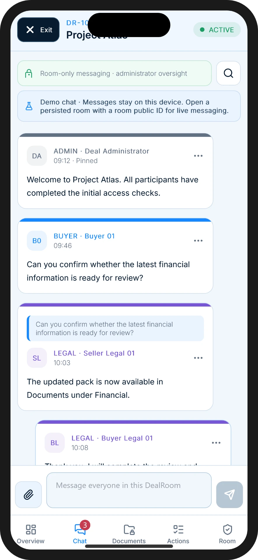 DealRoom chat screen showing room-only messaging with a pinned administrator announcement and messages labelled Buyer 01, Seller Legal 01 and Buyer Legal 01.