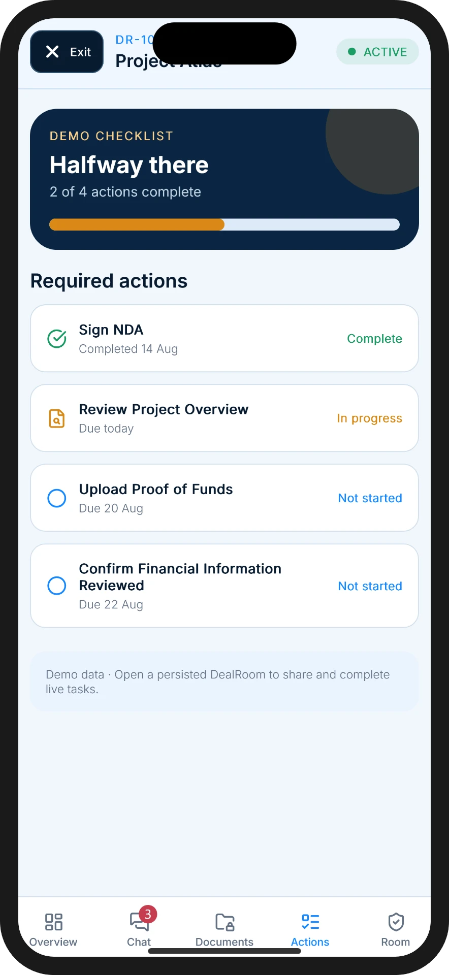 DealRoom actions screen showing a checklist with two of four actions complete, including a signed NDA, a project overview under review and outstanding proof-of-funds and financial confirmation tasks.