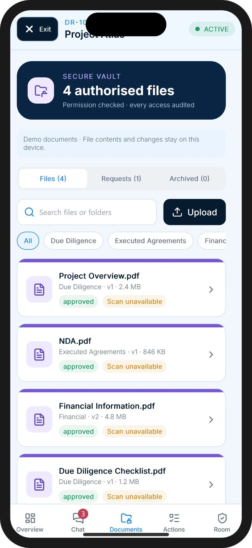 DealRoom documents screen showing a secure vault with four authorised files including Project Overview, NDA and Financial Information, each with category, version and approval status.