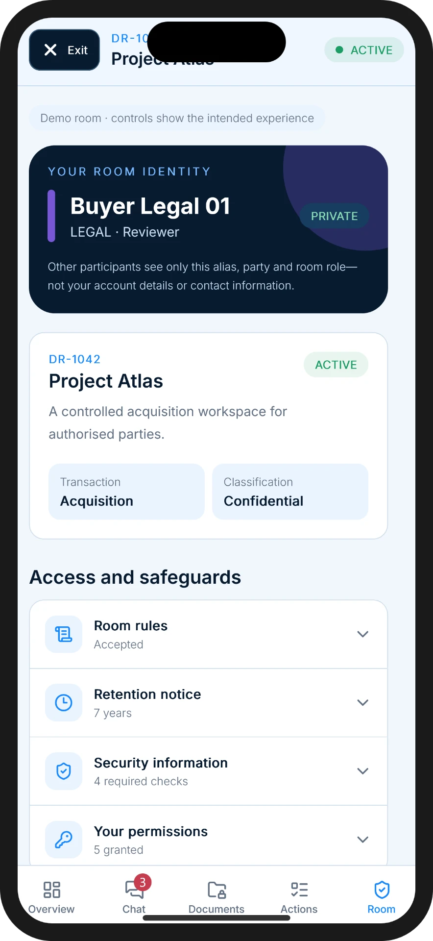 DealRoom room screen showing the participant's room identity Buyer Legal 01 marked private, the Project Atlas transaction reference and access safeguards including room rules, retention notice and permissions.